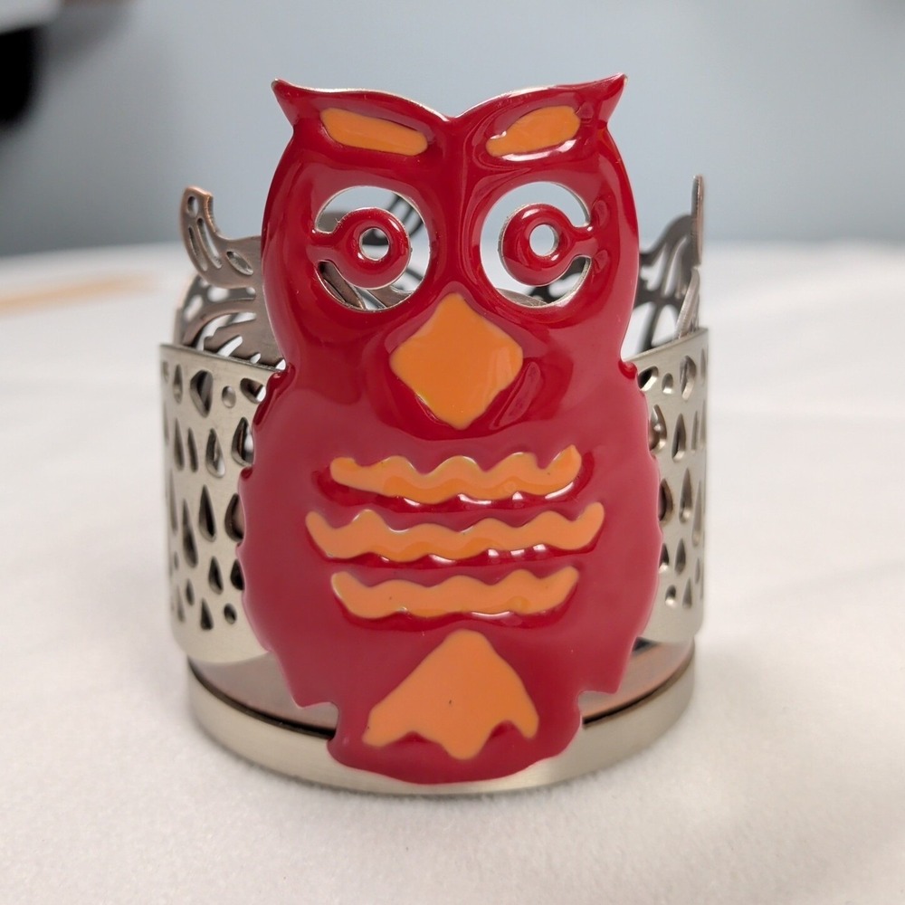 Bath & Body Works Owl Mini Candle Holder Red Enamel Silver Metal Retired 1.6 oz